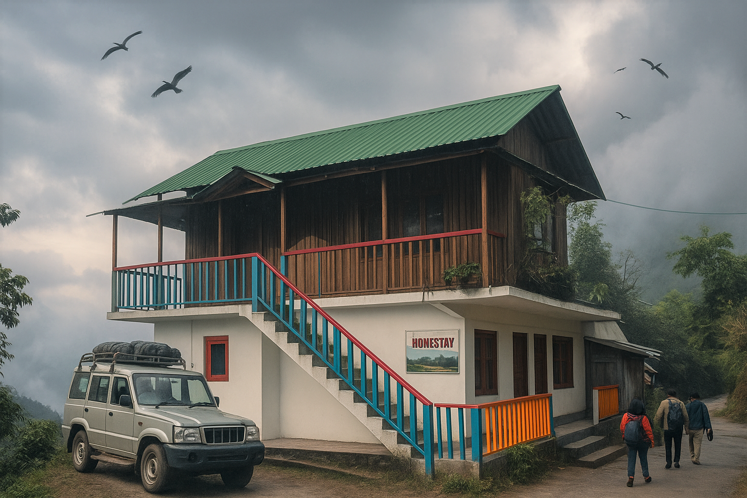 Scenic Kolakham accommodation homestay nestled in the Himalayan hills, offering cozy wooden rooms and a peaceful mountain stay experience.
